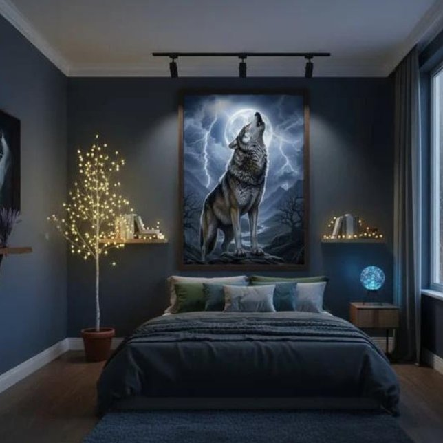 Poster Lobo Uivando à Lua Cheia com Tempestade de Relâmpa (Criador carregado)