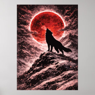 Poster Lobo Uivando à Luz da Lua Vermelha - Arte Japonesa