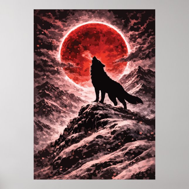 Poster Lobo Uivando à Luz da Lua Vermelha - Arte Japonesa (Frente)