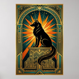 Poster Lobo Uivando Art Déco em Tom de Sol Dourado
