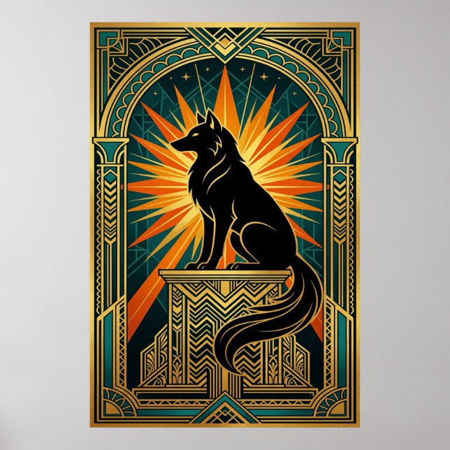Poster Lobo Uivando Art Déco em Tom de Sol Dourado (Frente)