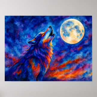 Poster Lobo Uivando Colorido em Aquarela & Lua Cheia