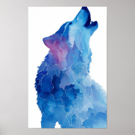 Poster Lobo uivando em aquarela azul