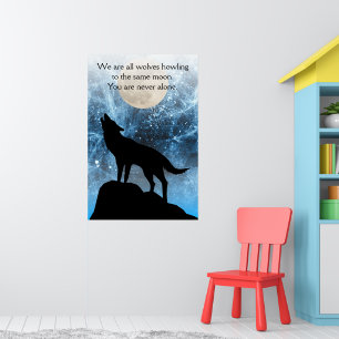 Poster Lobo uivando lua cheia azul preto Citação personal