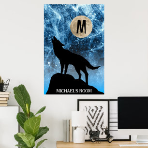 Poster Lobo uivando lua cheia azul preto Monograma Person