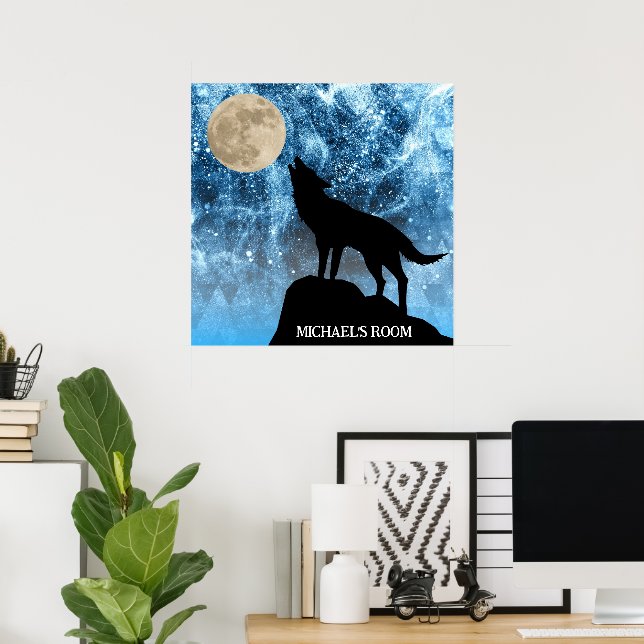 Poster Lobo uivando lua cheia azul preto Nome personaliza (Escritório em casa)