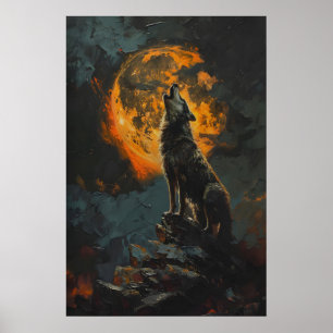 Poster Lobo Uivando para a Lua Cheia Laranja Imprimível T