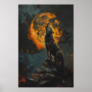 Poster Lobo Uivando para a Lua Cheia Laranja Imprimível T