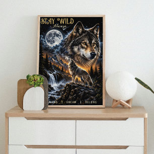 Poster Lobo Uivando Para a Lua Floresta Vida Selvagem Nat