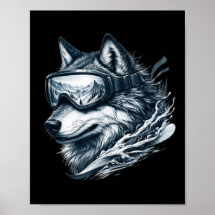 Poster Lobo Vestindo Óculos de Esqui Snowboard Lobo Esqui