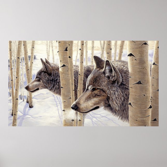 Poster Lobos cinzas na Pintura da Neve - (Frente)