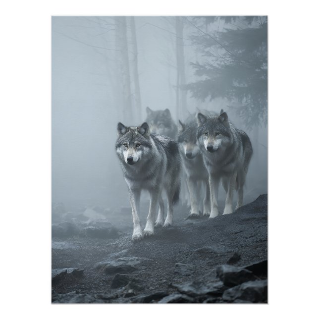 Pôster Lobos Cinzentos em Névoa Espessa (Frente)