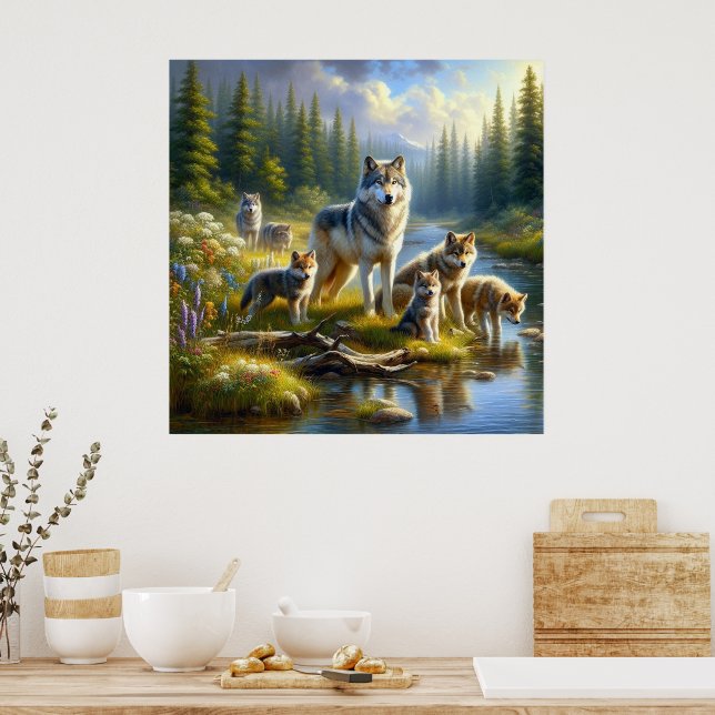 Poster Lobos de Matilha Lobos Fluxo Natureza Vida Selvage (Cozinha)