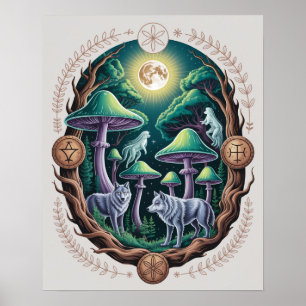 Poster Lobos Encantados ao Luar e Cogumelos Psikedélicos