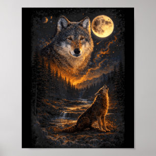 Poster Lobos Uivando Lua Floresta Natureza Amantes da Vid