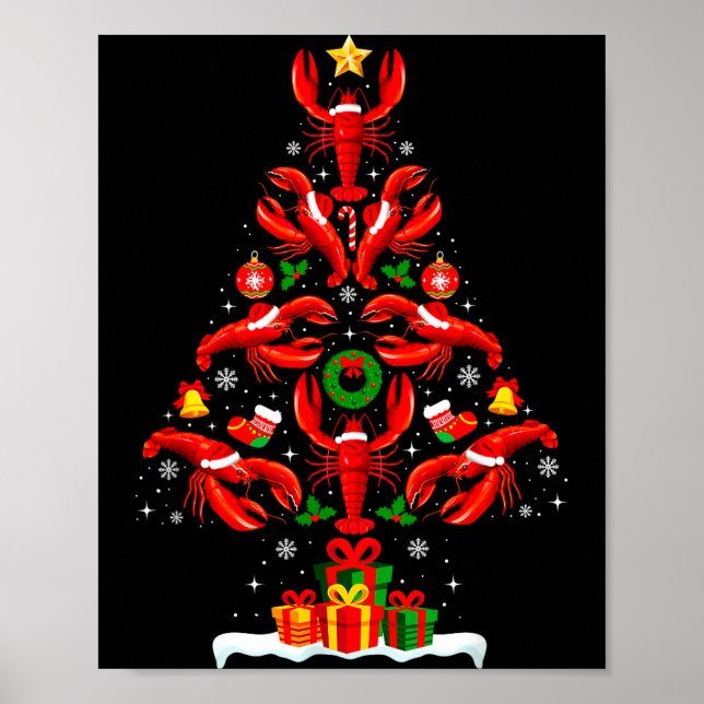 Poster Lobster Christmas Tree Lights Santa Hat Funny Xmas (Frente)
