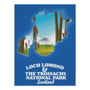 Pôster loch lomond e o mapa do parque nacional de trossac