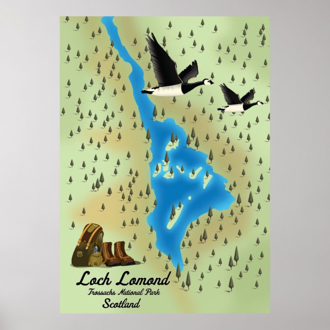 Poster Loch Lomond, Trossachs, mapa da Escócia (Frente)
