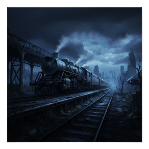 Pôster Locomotiva a Vapor numa Noite Escura e Tempestuosa