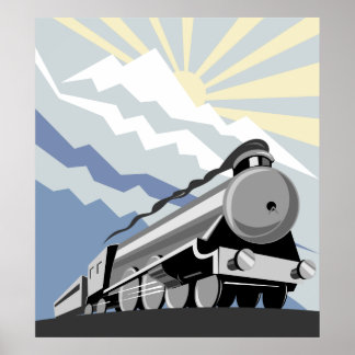 Pôster locomotiva-comboio a vapor que viaja na montanha
