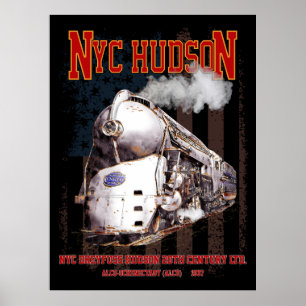 Poster Locomotiva NYC Dreyfuss Hudson. Bandeira americana