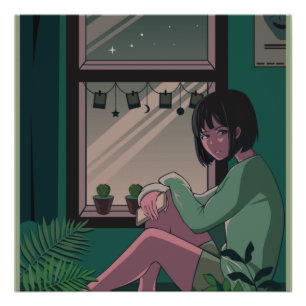 Pôster Lofi Anime Art Sad Girl Missing