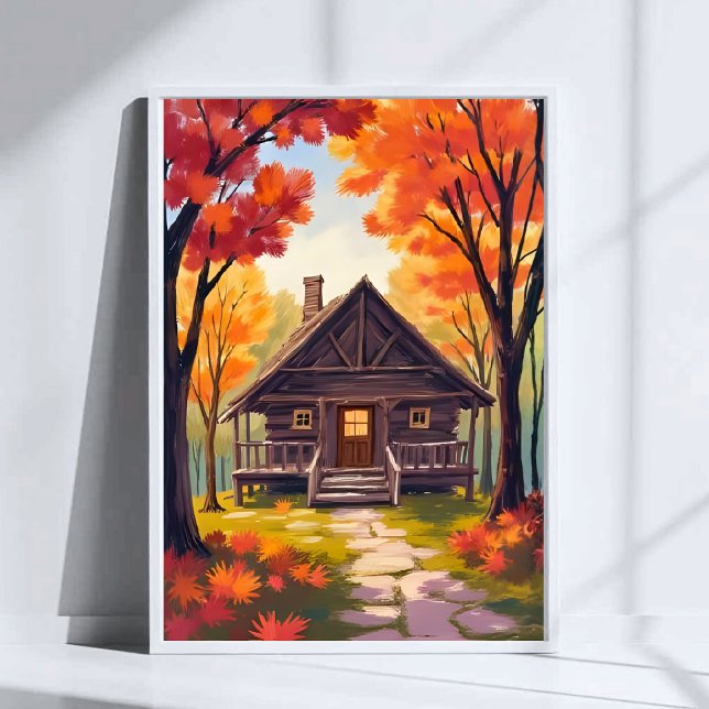 Poster Log Cabin | Fall Foliage Forest Watercolor (Criador carregado)