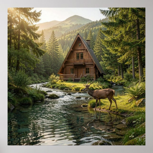 Poster Log Cabin, Stream, Mountains and Deer Nature Art (Frente)