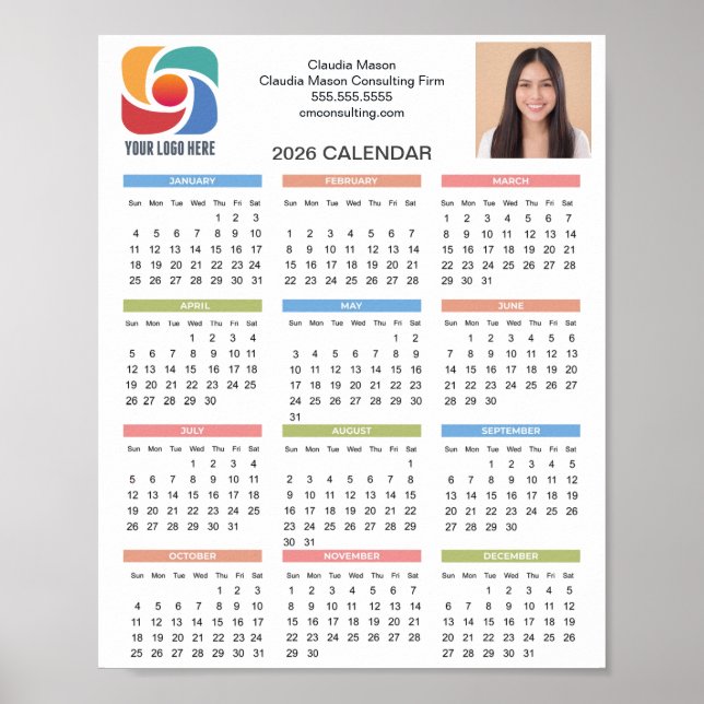 Poster Logotipo de Negócios Personalizado Calendário 2026 (Frente)