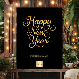 Poster logotipo feliz ano novo preto ouro para empresas