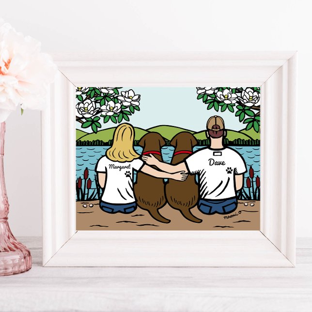 Poster Loira longa da família Labrador de chocolate perso (Personalized Family Portrait for Chocolate Labrador Owners.  Two Chocolate Labs and their Parents.)