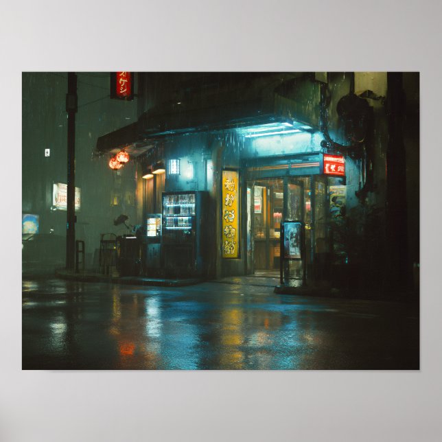 Poster Loja de Canto Japonesa Neon Chuvosa (Frente)