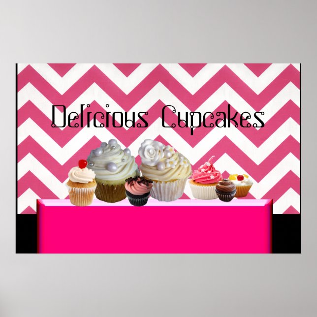 POSTER LOJA DE CUPCAKES DELICIOSOS/ CHEVRON ROSA BRANCO (Frente)