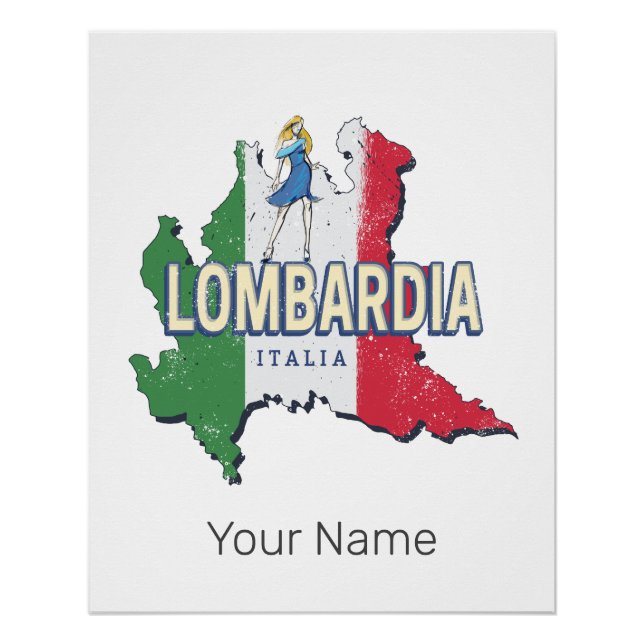Pôster Lombardia Itália Retro Região Mapa Vintage Souveni (Frente)