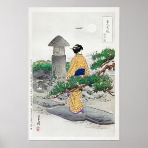 Poster Lona cheia e árvore do pinheiro por Ogata Gekko (1