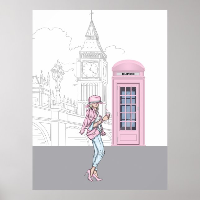 Poster London City Girl com tela de tela de caneta rosa (Frente)