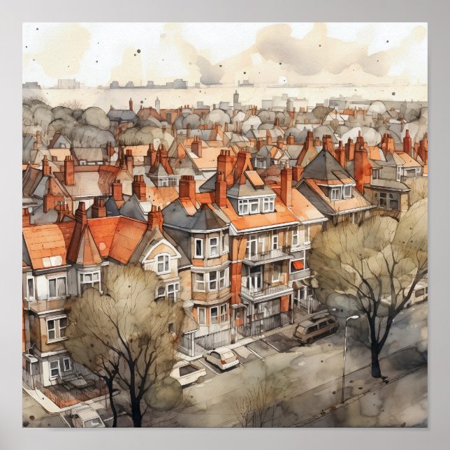 Poster London Suburbs Watercolor Painting Square (Frente)