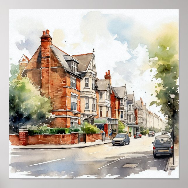 Poster London Suburbs Watercolor Painting Square (Frente)