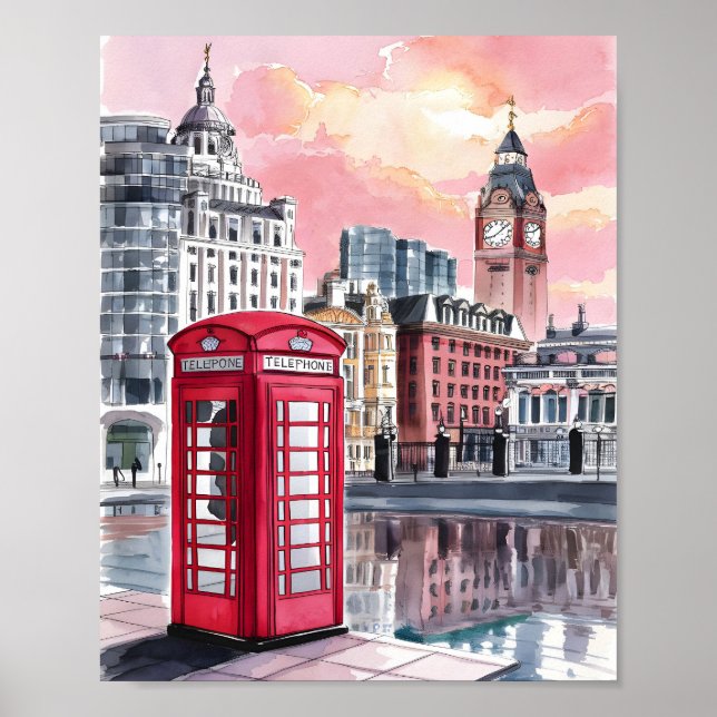 Poster London Telephone Booth Watercolor (Frente)