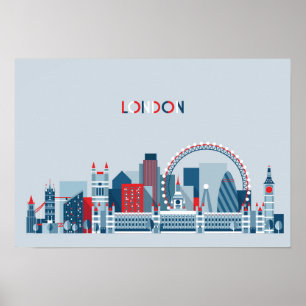 Pôster Londres, Inglaterra skyline vermelha, branca e