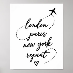 Poster Londres Paris Nova York Repita Rota de Voo de Aviã