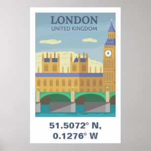 Poster Londres Reino Unido Coordenadas de Viagem Vintage
