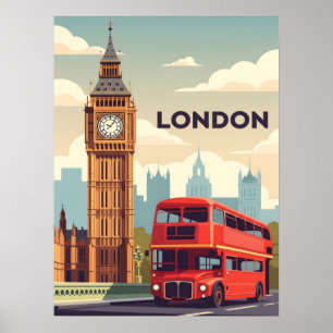 Poster Londres Vintage com Big Ben e ônibus vermelho