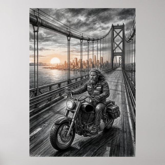 Poster  Lone Biker Crosses Suspension Bridge City Skyline (Frente)