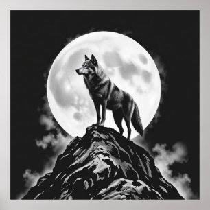 Poster Lone Howl: Arte a carvão na lua cheia e no lobo