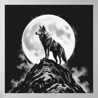 Poster Lone Howl: Arte a carvão na lua cheia e no lobo
