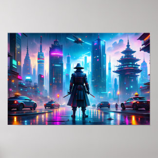 Poster Lone samurai em cidade futurista