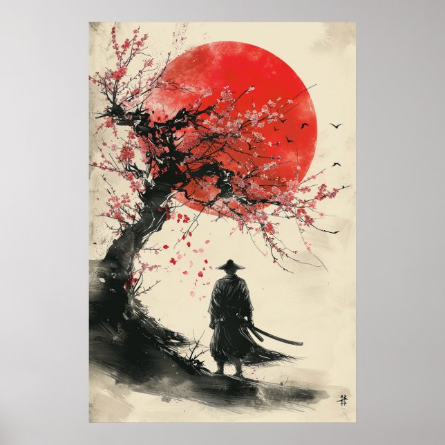 Poster Lone Samurai – Red Sun Japanese Ink Art (Frente)