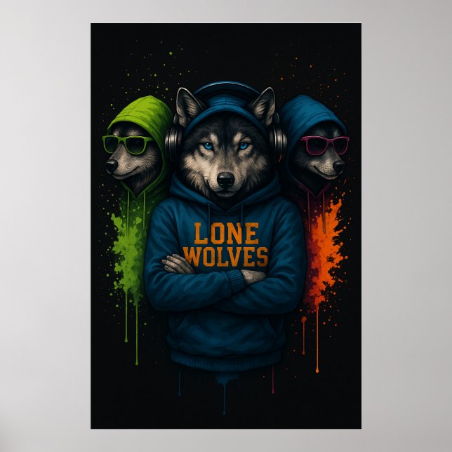 Poster Lone Wolves Hoodie Trio –Cool Wolf Pack Street Art (Frente)