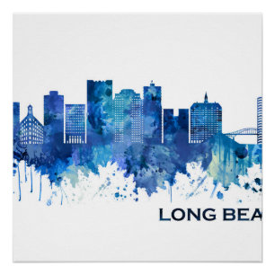 Pôster Long Beach California Skyline Blue